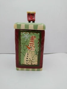 Holiday Cracker Barrel Christmas Quilt Snowman Ceramic Kitchen Canister Jar 9" - Picture 1 of 9