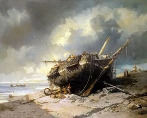 Oil painting charles hoguet - dismantling a beached shipwreck beach landscape @ - Picture 1 of 1
