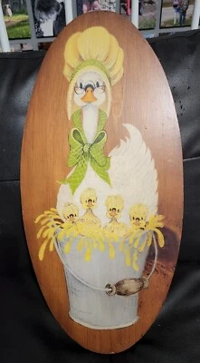 Vtg Wooden Hand Painted Wall Art Plaque Mother Goose goslings Babies Decor large - Image 1 of 4