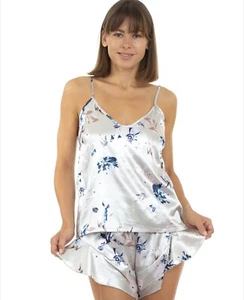 Womens Floral Sage Pajama Set Button Down Satin 2pcs Sleepwear M *New - Picture 1 of 2