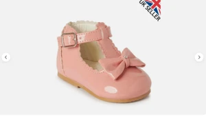 BABY GIRL SHOES SPANISH STYLE T-BAR BOW PATENT SHOE UK 2-6 WHITE RED CAMEL PINK - Picture 1 of 1