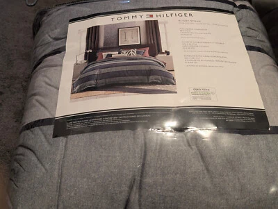 NWT Tommy Hilfiger Full/Queen 3-pc Blue/White Canyon Stripe Cotton Comforter Set Foto 1 de 3