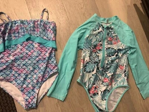 2 pc Teal Piece Swim Suit Girl's Medium 10 years Mermaid + Long Sleeve Swimsuit - Picture 1 of 2