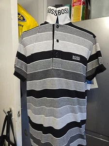 HUGO BOSS BLACK /GREY STRIPED POLO TOP SIZE SMALL - Picture 1 of 4