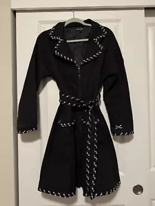 SAMUEL DONG Black Trench Coat with Plaid Trim Tie Size XS Rare Retro - Picture 1 of 6