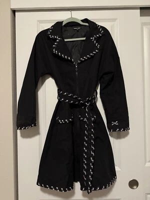 SAMUEL DONG Black Trench Coat with Plaid Trim Tie Size XS Rare Retro - Image 1 of 4
