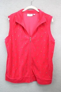 Quaker Factory Red Velour Vest-Full Zip-Rhinestones-Size Medium-Whimsigoth - Picture 1 of 11