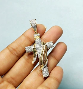 2Ct Round Cut Real Moissanite Men's Jesus Cross Pendant 14k Yellow Gold Finish - Picture 1 of 5