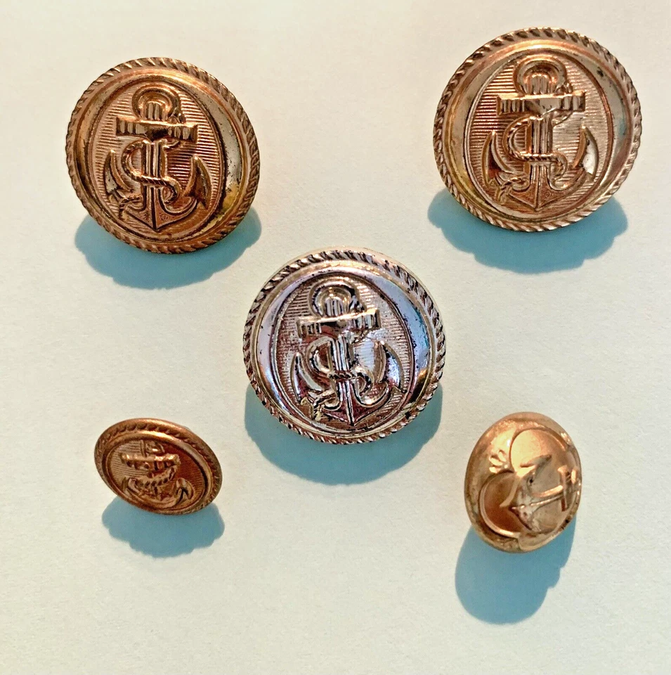 Gold Anchor Metal/Plastic Shank Buttons 22mm x3 14mm & 15mm x2 Vintage Military - Image 1 of 2