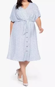 NWT DEX Plus Midi 3XL Lauren Dress Baby Blue Polka Dot Tie Front Casual Modest - Picture 1 of 9