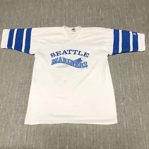 Vintage 80s Logo 7 Seattle Mariners Varsity Baseball T-Shirt Men’s L White Thin - Picture 1 of 15