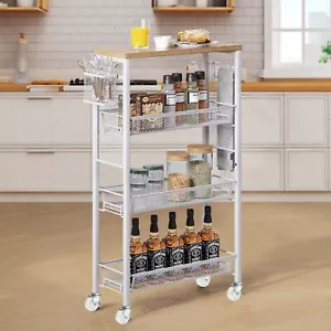 4-Tier Kitchen Cart Utility Organizer White Slim Rolling Cart Rack w/3 Basket - Picture 1 of 7