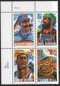 US #3083-3086 32¢ Folk Heroes Casey Bunyan Pecos Henry UL Plate Block 1996 MNH - Picture 1 of 1