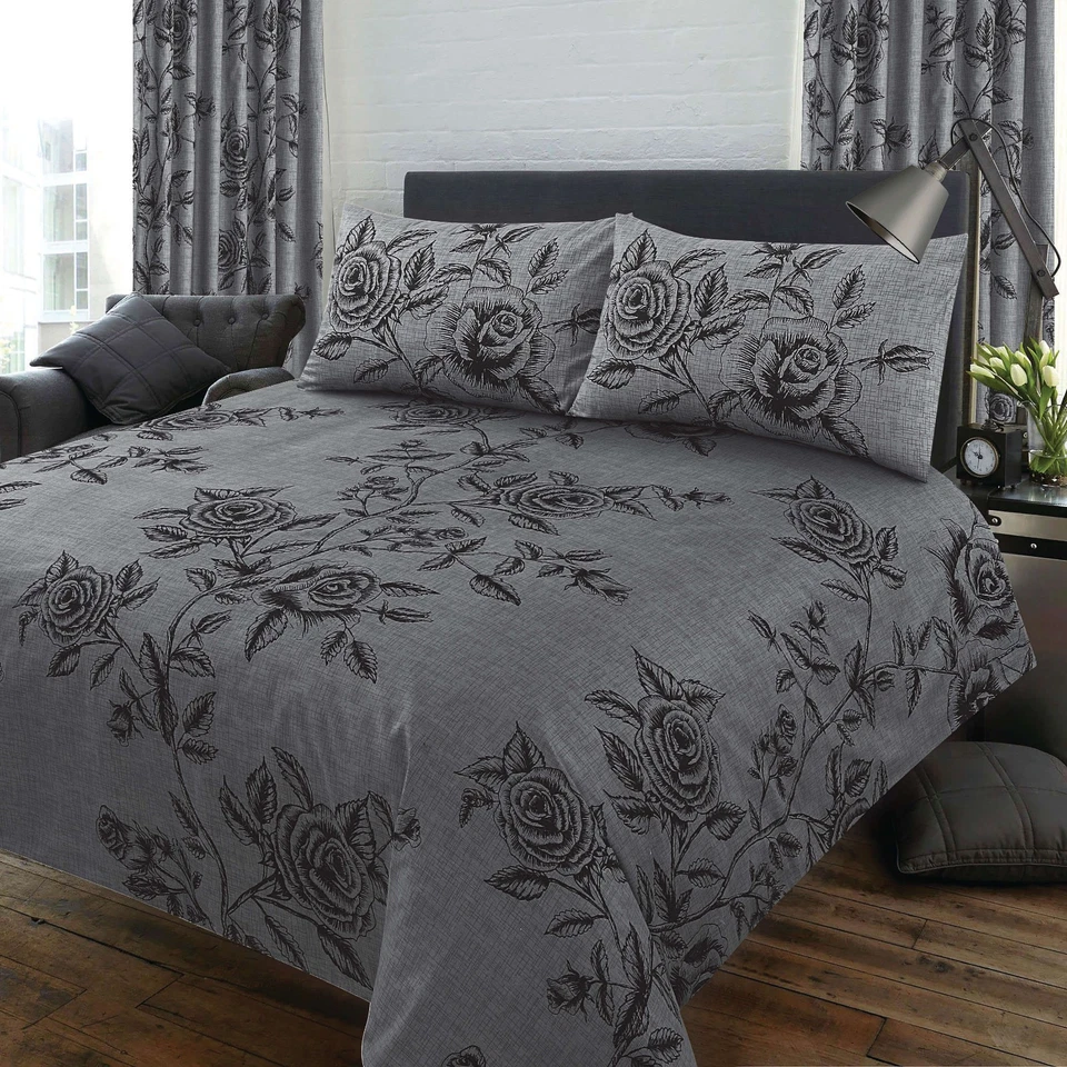 King Size Duvet Cover Set Wild Rose Floral Slate Grey Black Bedding Set