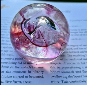 Caithness Moon Crystal-SCOTLAND; Paperwgt. W/Controlled Bubble White/Pink Swirls - Picture 1 of 7