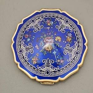 Estuche en polvo espejo estampado azul compacto maquillaje Stratton vintage Inglaterra - Imagen 1 de 18