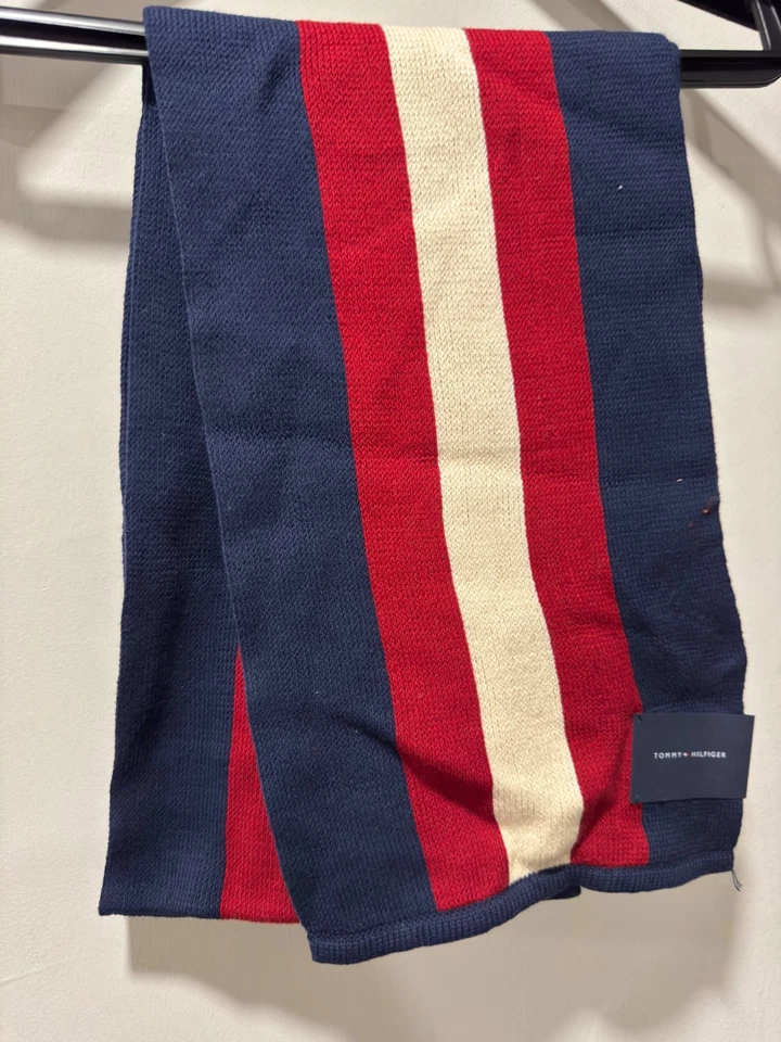 Tommy Hilfiger Bufanda Tejida a Rayas Azul Marino Rojo Blanco 100% Algodón Talla Única Nueva con Etiquetas Foto 1 de 2