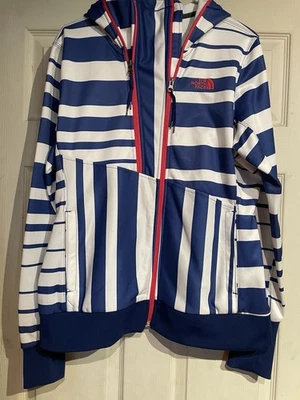 Chaqueta North Face Mujer Grande Azul Blanco Rayas Cremallera Completa Sudadera con Capucha Exterior Foto 1 de 4