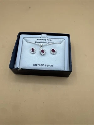  JUEGO DE COLLAR Y PENDIENTES OVALADOS ROJO RUBÍ CADENA DE PLATA DE LEY 925 18"" AJUSTABLE Foto 1 de 4