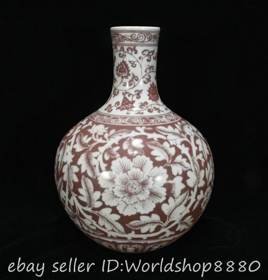 Jarrón botella maceta tarro porcelana rojo esmalte chino antiguo de 12" Foto 1 de 4