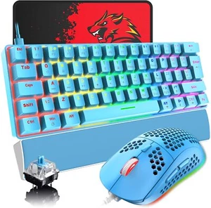 60% UK Layout Wired Gaming Keyboard Mouse and Wrist Rest Blue / Red Switch Combo - Picture 1 of 18