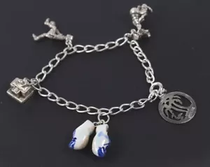 Vintage STERLINGSILBER Charm Armband 5 Charms DOOFY Bowler NIEDERLÄNDISCHE SCHUHE 6"L - Bild 1 von 4