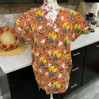 Cassandra O Halloween Scrub Top Happy Hauntings Medium Ghosts Witches Spiders - Image 1 of 4