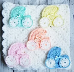 CROCHET Baby Blanket | Handmade | White With Pram | 25"x25" | FREE UK Delivery - Picture 1 of 9