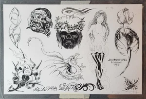 RARE 1995 VINTAGE Jack Rudy, Filip Leu Traditional Tattoo Flash Sheet Girl Skull - Picture 1 of 11