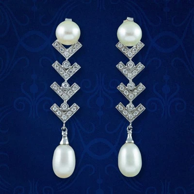 PENDIENTES COLGANTES CHEVRON DIAMANTES PERLAS ART DECO ORO 18CT 0,60CT TOTAL Foto 1 de 4