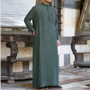 Mens Muslim Full Length Long Sleeve Jubba Loose Thobe Islamic Kaftan