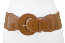 Women Elastic Fabric Fashion Wide Tan Light Brown Belt Stretch Waistband XS S M