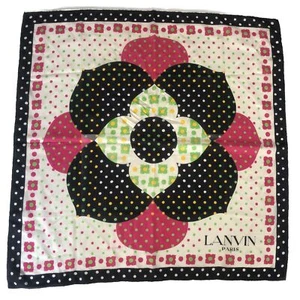 Lanvin 1970s Silk Scarf White Pink Green Yellow Black Dots Flower 20” France - Picture 1 of 6