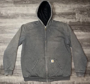 Vintage 00s Carhartt Thermal Lined Work Hoodie Grey Zip Up Hooded Size L Tall - Picture 1 of 10