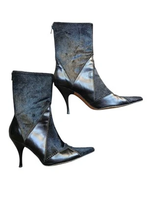 Teatro Alla Scala Y2K Black Stiletto Leather Fur Stud Decor Ankle Boots Size 8 Foto 1 de 4