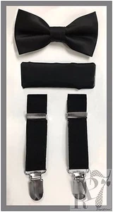 Black NEW Boy's Clip Suspender Bow tie & Pocket Square Handkerchief 3 pieces set - Picture 1 of 1
