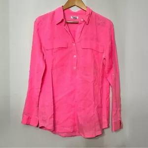Pullover túnica rosa intenso mezcla lino azul marino antiguo 1/2 botón M verano costero neón - Imagen 1 de 8