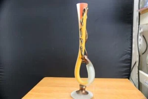 Feine mundgeblasene Glas geriffelte Vase Kunstglas mit Kupferakzenten signiert Yiali. - Bild 1 von 8