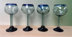 Vintage Tall Handblown Bubble Glass Wine/Margarita Goblets Set of 4, Blue Rims - Picture 1 of 4