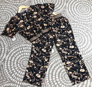 VTG Black & Gold 2 pc Silky Satin Oriental Pajama Pants Crop Top XS Lounge Asian - Picture 1 of 12