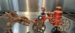 Antique Cast Iron Horse Drawn Pumper Fire Truck Engine Wagon Toy - Picture 1 of 11