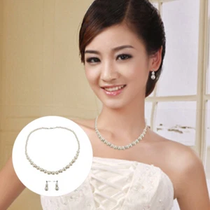 Perlenkette Ohrring -Set Frau Brautschmuck Hochzeit Halskette Ohrringe - Bild 1 von 12