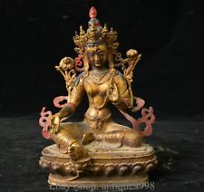 8" Old Tibetan Red Copper Gilt Temple Green Tara enlightenment Goddess Statue