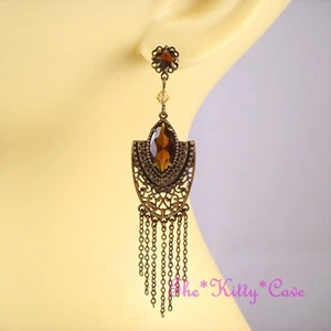 Vintage Deco Filigree Bronze Ethnic Ornate Topaz Bling Drop Chandelier Earrings - Picture 1 of 3