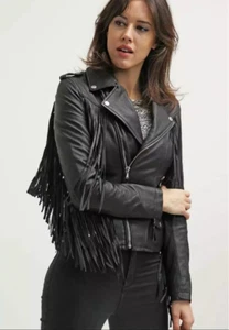 Chaqueta de mujer negra de cuero real cuerpo corto estilo brando con flecos - Imagen 1 de 5