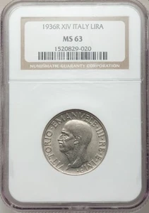 ITALY KINGDOM 1936-R 1 LIRA COIN, CHOICE UNCIRCULATED, NGC CERTIFIED MS63 - Picture 1 of 6