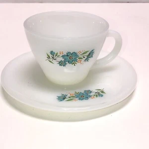 Vintage Fire King Milk Glass Blue Flower Tea Cup & Saucer - Picture 1 of 8