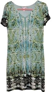 London Times Dress 8 Border Print Casual Shift Mixed Print Blue Green Pullover - Picture 1 of 7