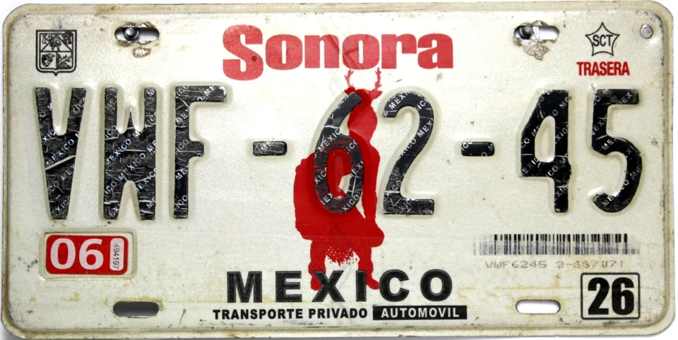 Sonora Mexique Original Plaque D'Immatriculation VWF-62-45 - Photo 1/1
