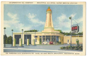 Gasolinera CO-OP OIL SUPER SERVICE - Postal de lino Rochester MN 1940 - RARA - Imagen 1 de 2